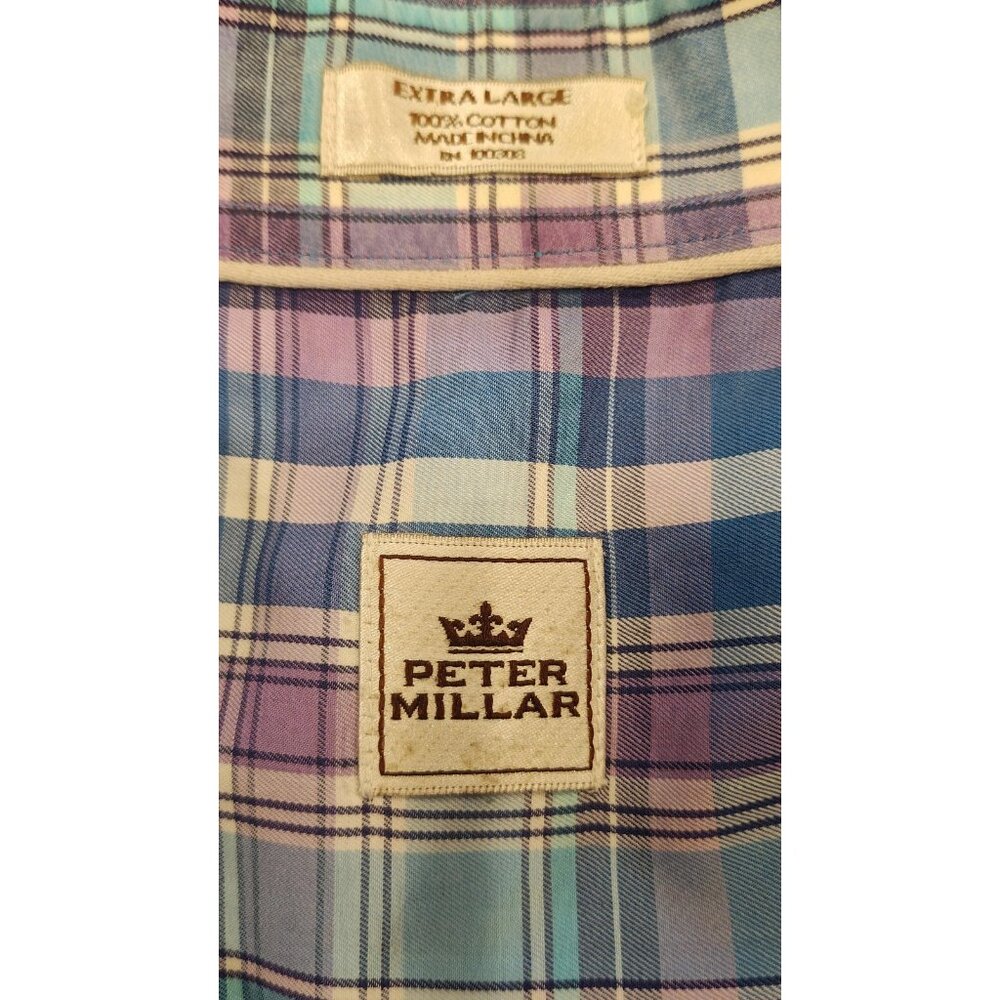 Peter Millar Shirt Mens XL Blue Purple Plaid Button Down Short Sleeve Cotton - Picture 5 of 7